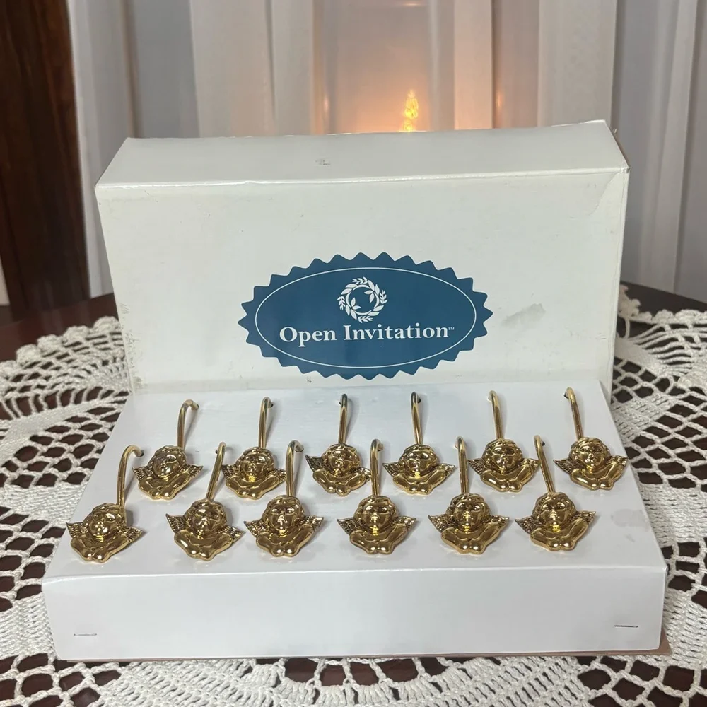 Vintage Shower Curtain Rings Victorian Cherub Angel Gold Brass Hook Set of 12